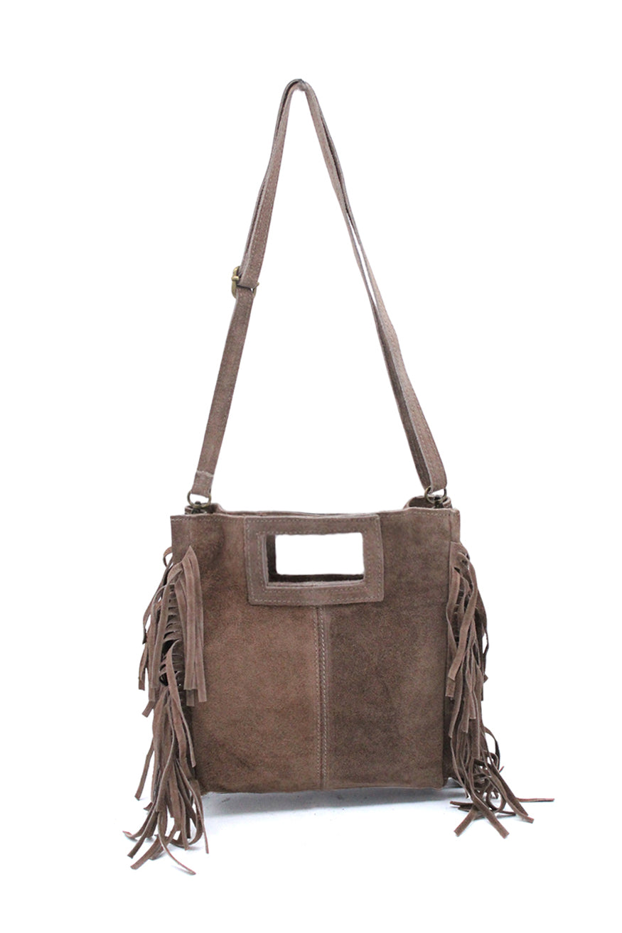 Genuine Italian Suede Crossbody Bag with Boho Fringe Design