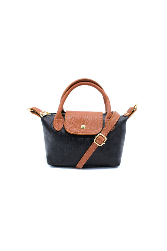 Compact Two-Tone Handbag with Top Handles and Strap