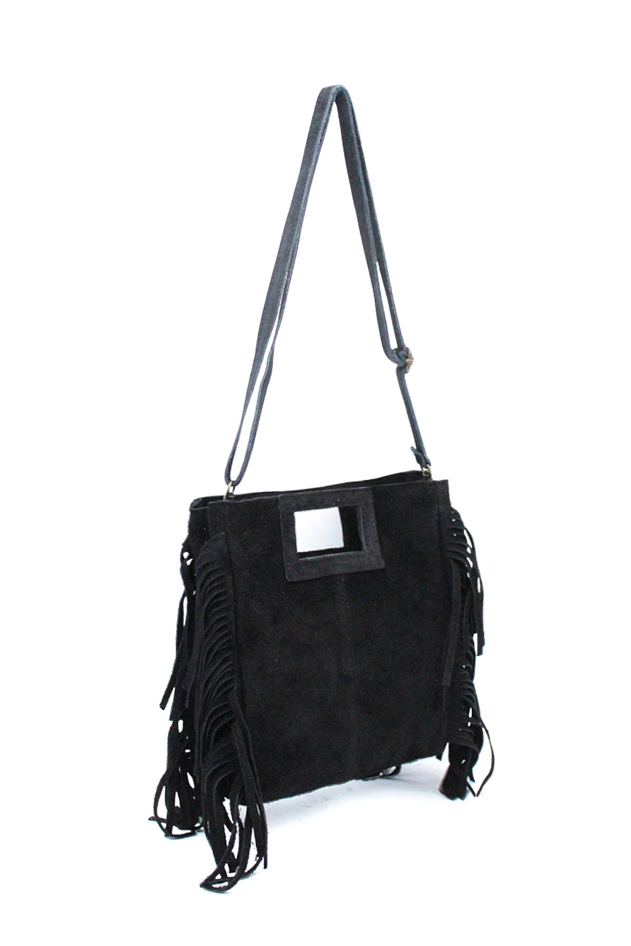 Genuine Italian Suede Crossbody Bag with Boho Fringe Design
