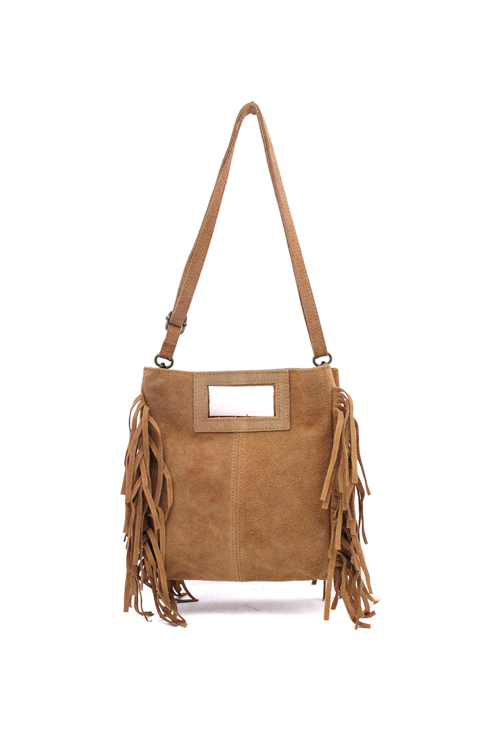 Genuine Italian Suede Crossbody Bag with Boho Fringe Design