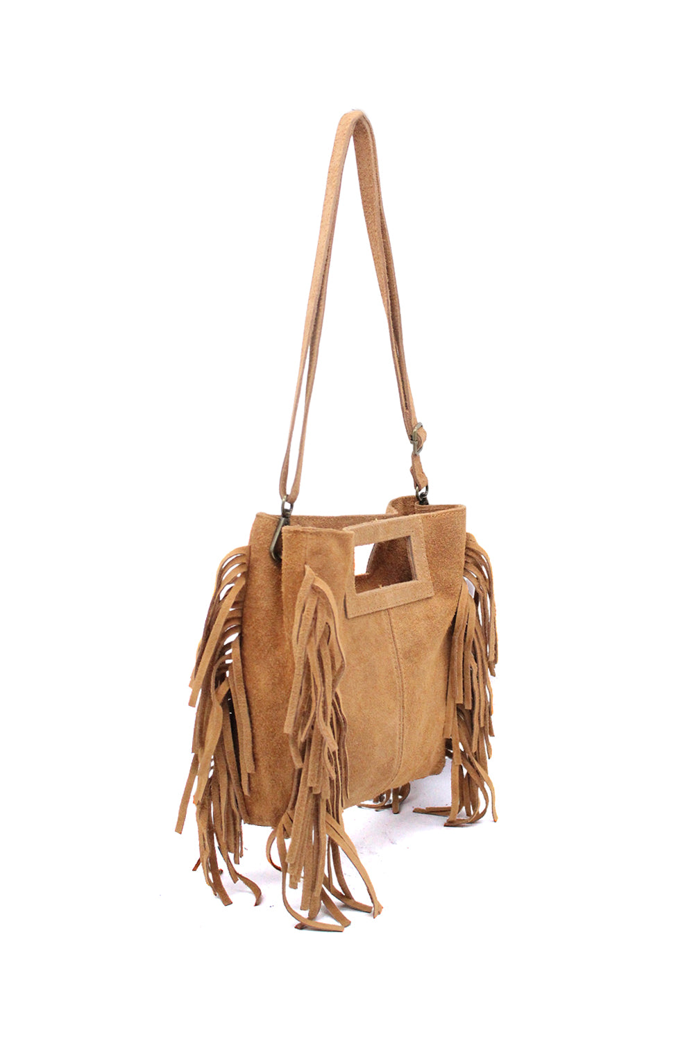 Genuine Italian Suede Crossbody Bag with Boho Fringe Design