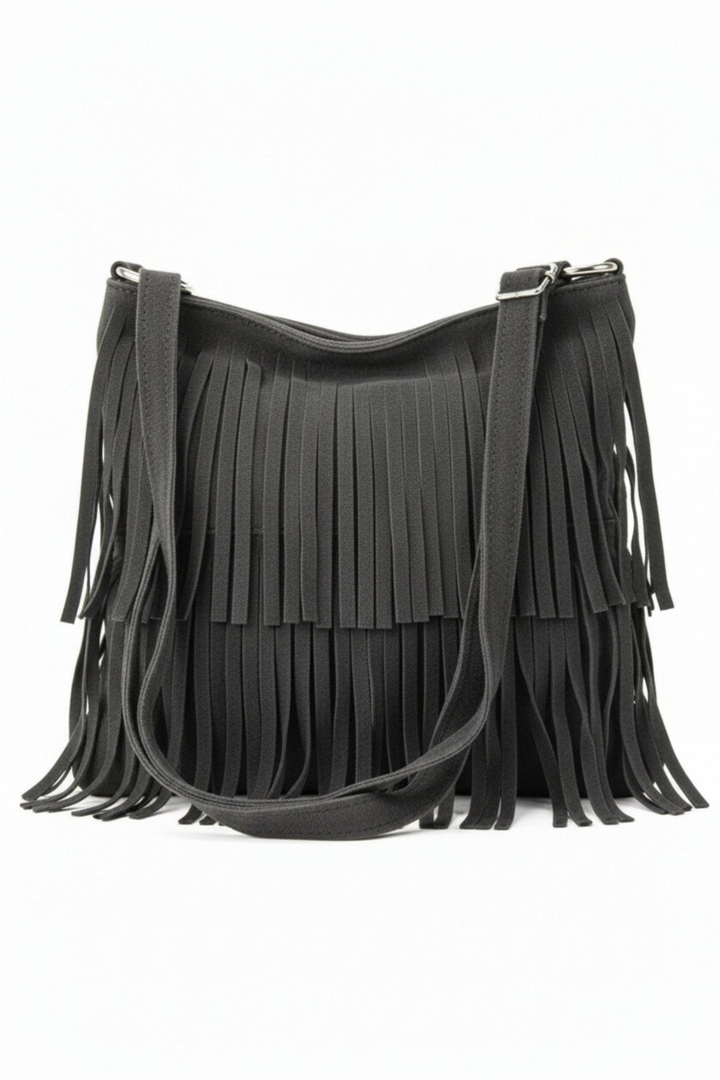 Italian Genuine Suede Fringed Crossbody Bag with Zipper