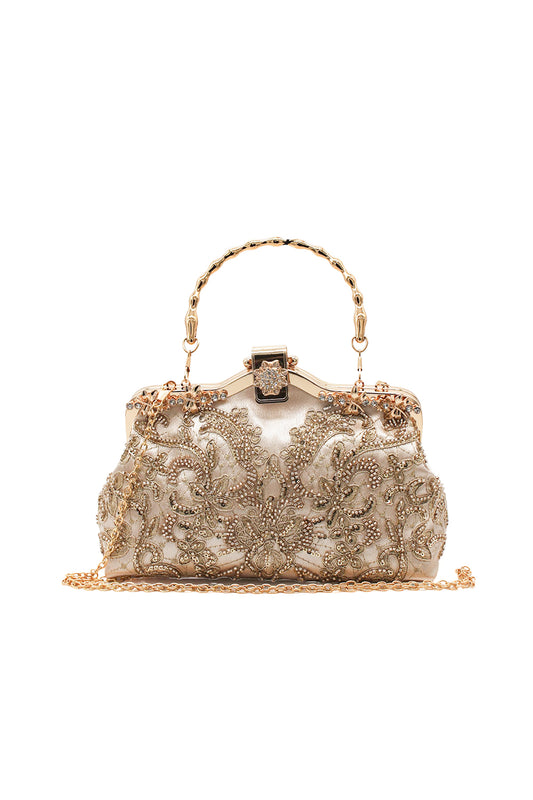 Embroidered Beaded Clutch Bag with Top Handle and Chain Strap