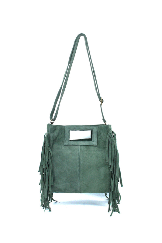 Genuine Italian Suede Crossbody Bag with Boho Fringe Design