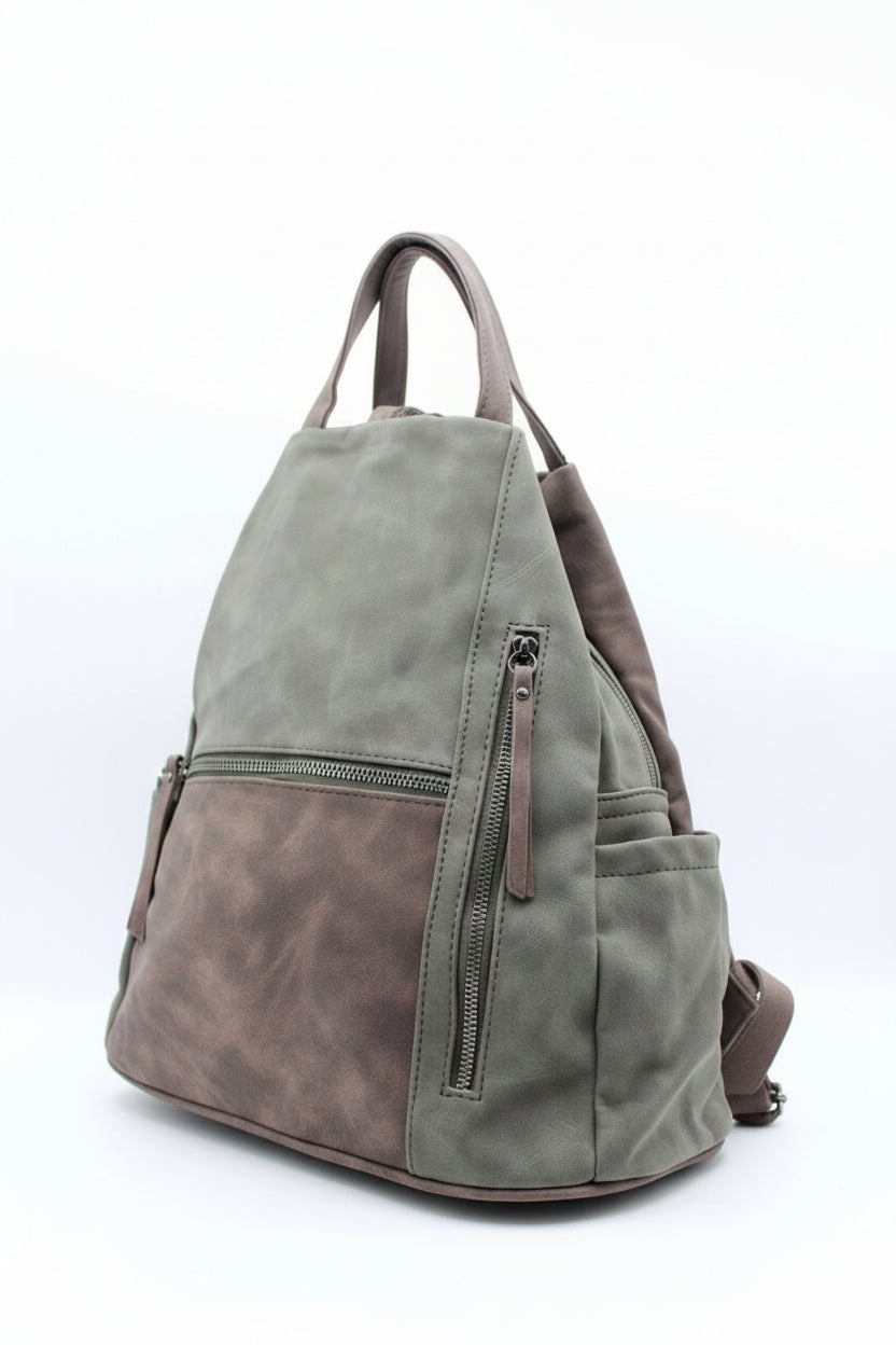 Convertible Dual-Tone Shoulder Bag Backpack with Zip Pockets