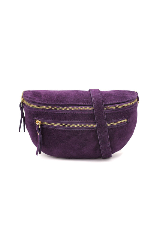 Genuine Italian Suede Sling Crossbody Bag with Dual Zipper Compartments