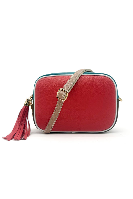 Italian Leather Colorblock Crossbody Camera Bag with Tassel