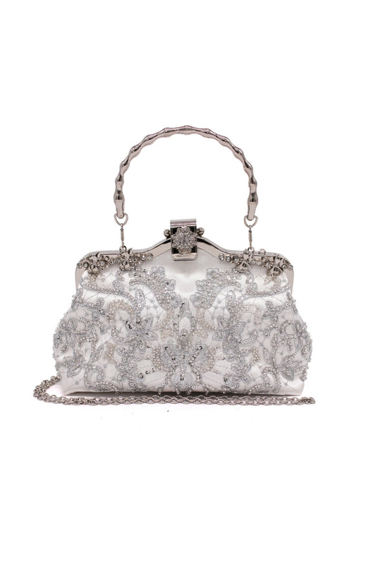 Embroidered Beaded Clutch Bag with Top Handle and Chain Strap